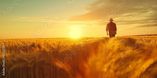 Serene scene of a lone farmer walking through a vast golden wheat field during a beautiful sunset