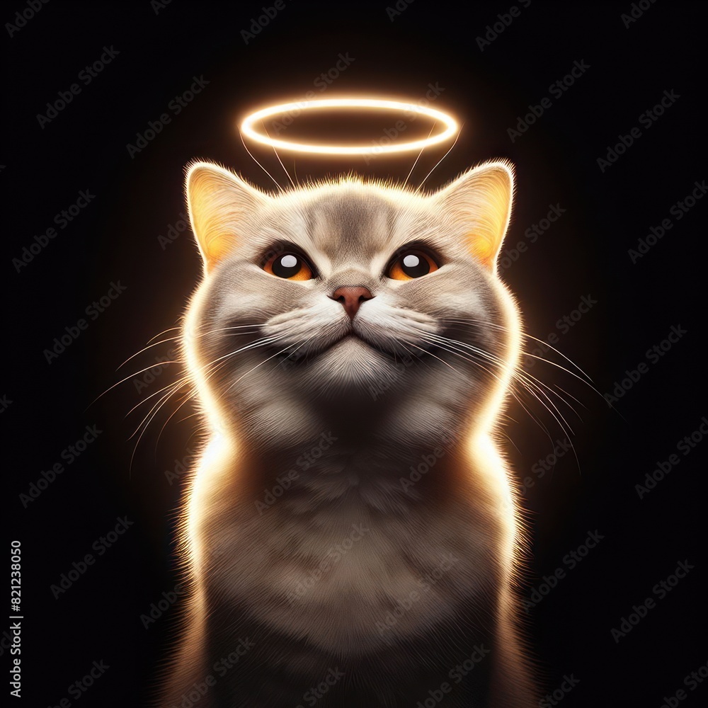 Obraz premium smiling cat with a sly expression and a glowing halo above its head Isolated on black background