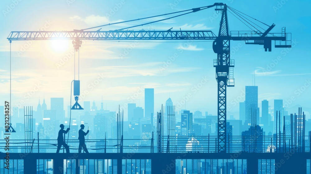 Obraz premium A crane and workers outlined against a city skyline, abstract , background