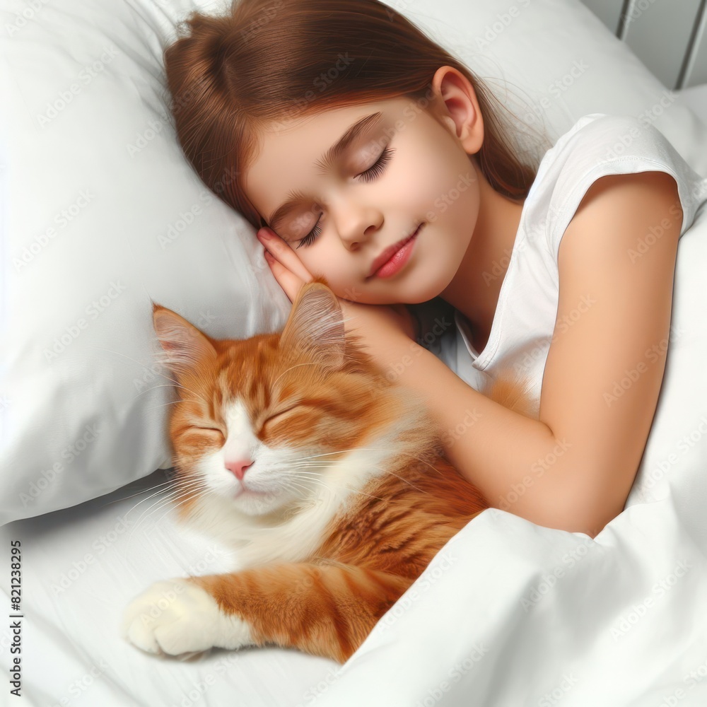 A kid sleeps in bed with a cat Isolated on white background A kid sleeps in bed with a cat Isolated on white background