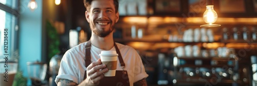 Charismatic male barista in a cafe handing out a coffee cup, with a welcoming smile photo