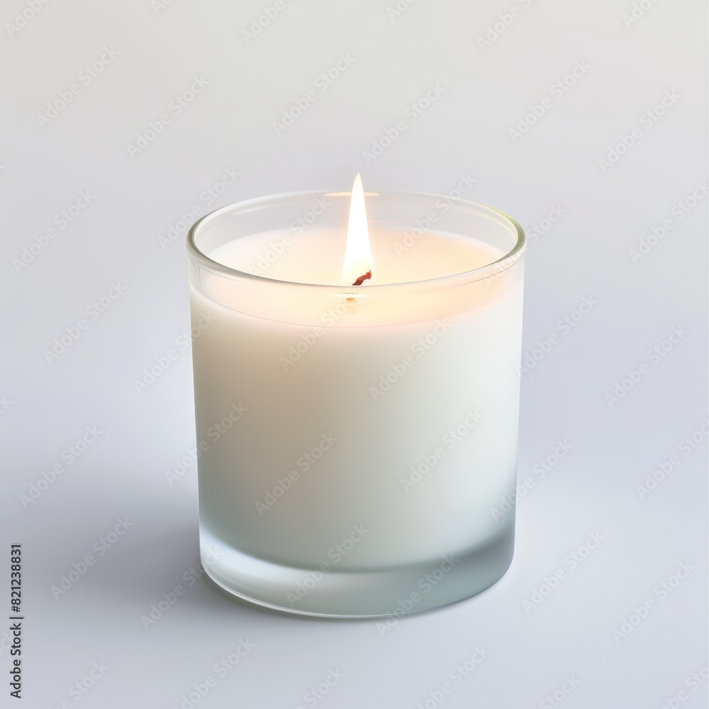 White Scented Candle in Glass Jar Lit Isolated on a White Background. Generative AI. White Scented Candle in Glass Jar Lit Isolated on a White Background. Generative AI.