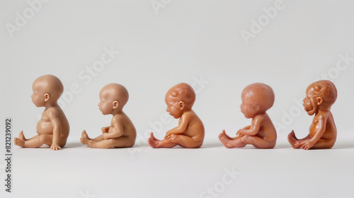 Five stages of human fetal development models arranged in a row on a white background, showing growth progression, soft studio lighting. photo