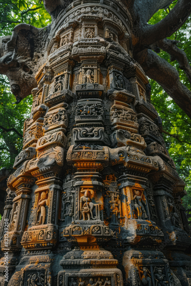 A giant tree with a trunk covered in intricate carvings and symbols, representing the stories and wisdom of all the world's cultures.