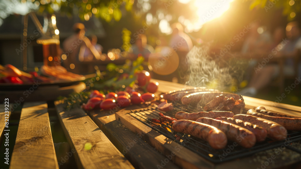 A wooden table with a barbecue set, featuring sausages and other grilling ingredients in the foreground. In the background is a blurred backyard setting with friends enjoying a picnic or party A wooden table with a barbecue set, featuring sausages and other grilling ingredients in the foreground. In the background is a blurred backyard setting with friends enjoying a picnic or party