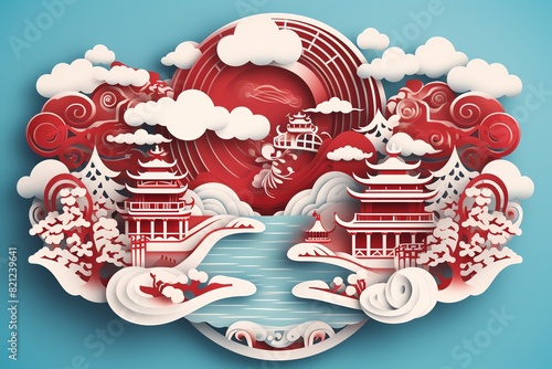 Elegant paper art depicting traditional Asian pagodas surrounded by clouds and nature against a serene blue background.