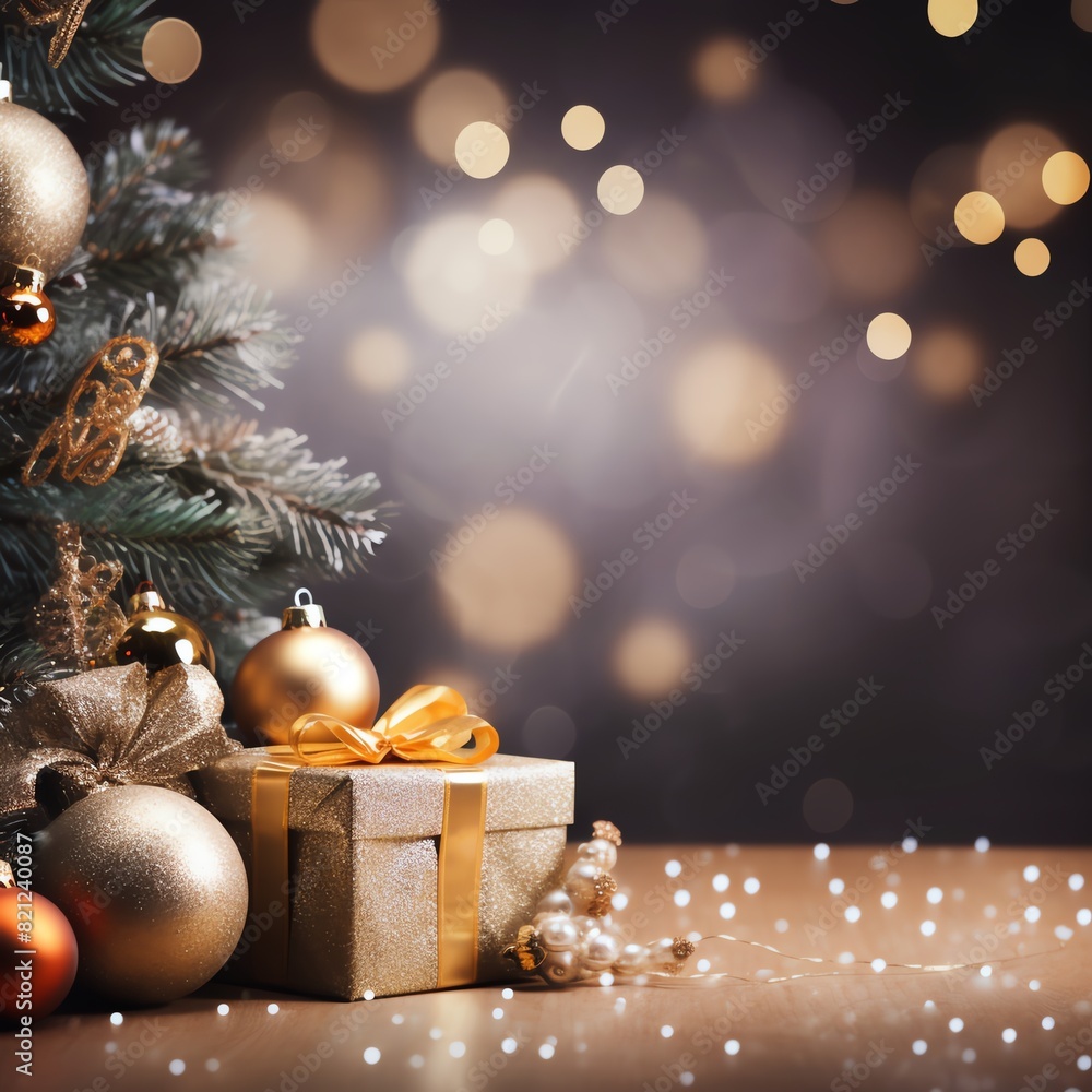 Festive Christmas scene with decorated tree, gift, and ornaments, set against a sparkling bokeh background. Warm holiday atmosphere and celebration.