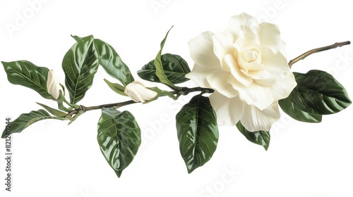 A creamy white gardenia with its glossy leaves, the flower's purity and simplicity perfectly framed by the white background, exuding a sense of elegance and grace. photo