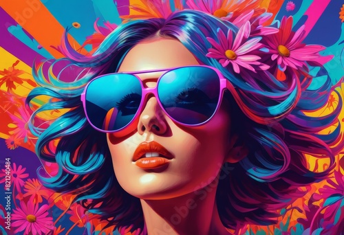 Illustration of a girl in sunglasses on an colored background	
