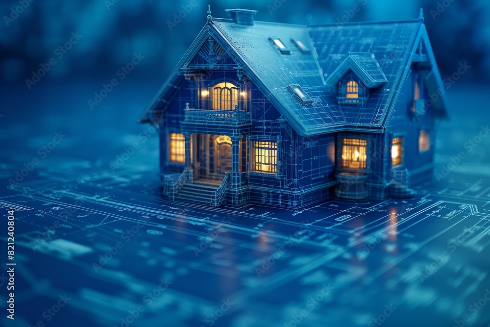 A digital 3D concept house over blue house plans represents architecture, design and technology A digital 3D concept house over blue house plans represents architecture, design and technology