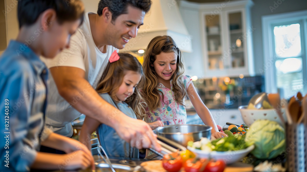 Happy father cooking with his three children in the kitchen at home Happy father cooking with his three children in the kitchen at home