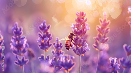 Close-up of a Bee Pollinating Lavender Flowers in the Warm Sunset Light. Nature and Wildlife Conceptual Photography. AI