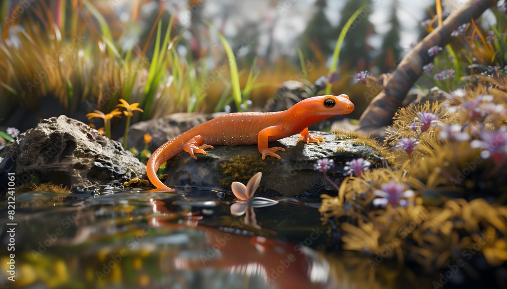 Fototapeta premium Orange Salamander on Mossy Rock by Reflective Pond