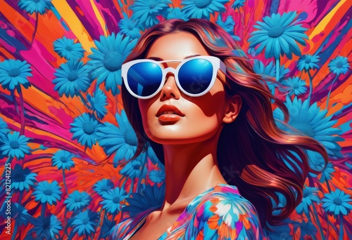 Illustration of a girl in sunglasses on an colored background	
