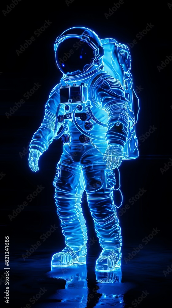 Glowing neon astronaut in spacesuit on dark background. Futuristic sci-fi space travel concept. Perfect for space and technology themes. Glowing neon astronaut in spacesuit on dark background. Futuristic sci-fi space travel concept. Perfect for space and technology themes.