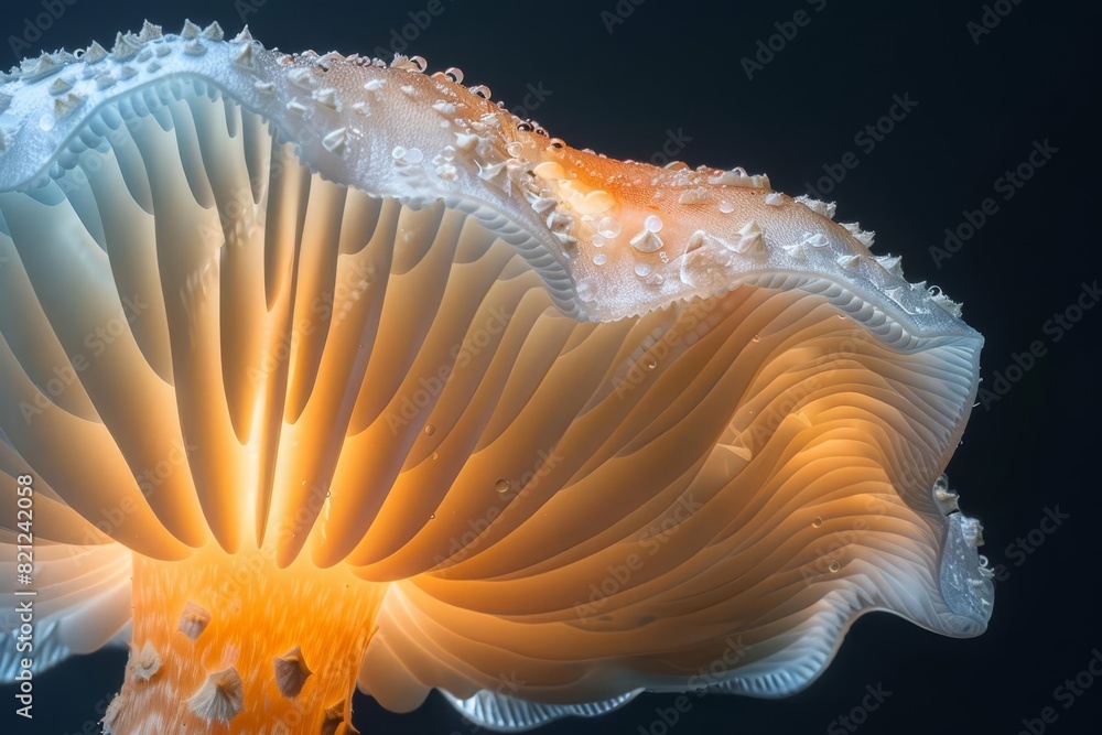A closeup, photorealistic, highresolution image of a glowing mushroom cap, with the light revealing the delicate gill structures beneath it A closeup, photorealistic, highresolution image of a glowing mushroom cap, with the light revealing the delicate gill structures beneath it