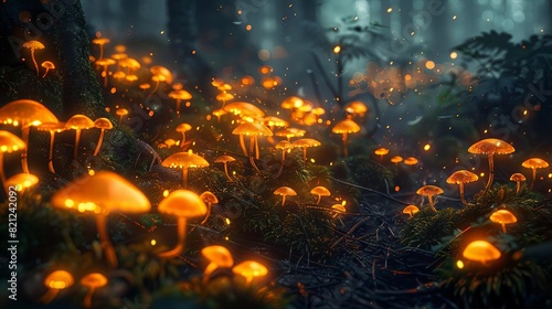 A detailed, photorealistic, highresolution shot of a cluster of bioluminescent fungi glowing in a dark forest, their eerie light creating a mystical atmosphere