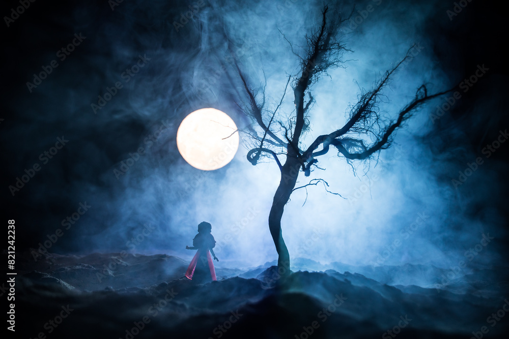 Fototapeta premium Alone girl in the dead forest at misty night. Silhouette of girl standing between trees under moonlight. Horror Halloween concept.