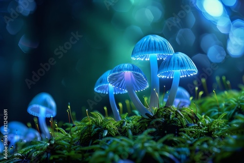 Wallpaper Mural A macro, photorealistic, highresolution image of bioluminescent fungi growing on a mosscovered rock, the gentle glow illuminating the fine details of the moss and fungi Torontodigital.ca