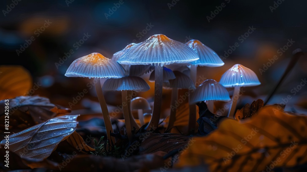 Fototapeta premium A closeup, photorealistic, highresolution photograph of a single glowing ghost mushroom, its soft green bioluminescence standing out against the dark, moist forest floor