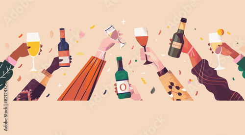 A group of people celebrating holding alcoholic drinks. Friends toasting with drinks