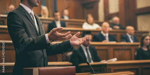 A lawyer is presenting a case in front of blurred figures in a courtroom setting; professionalism and law photo