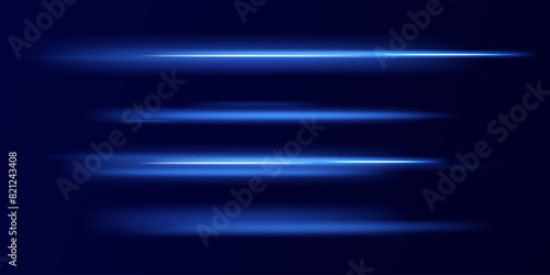 Horizontal light rays, flash blue horizontal lens flares pack, speed laser beams, glow blue line motion on transparent background, beautiful light flare, bright glare, vector illustration, eps 10