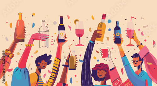 A group of people celebrating holding alcoholic drinks. Friends toasting with drinks