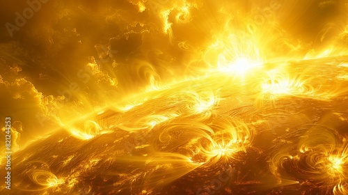 A solar flare, the sun's surface erupting in vibrant orange and yellow hues as it radiates intense heat and light. The surrounding space is dark with stars visible against its bright glow. 
