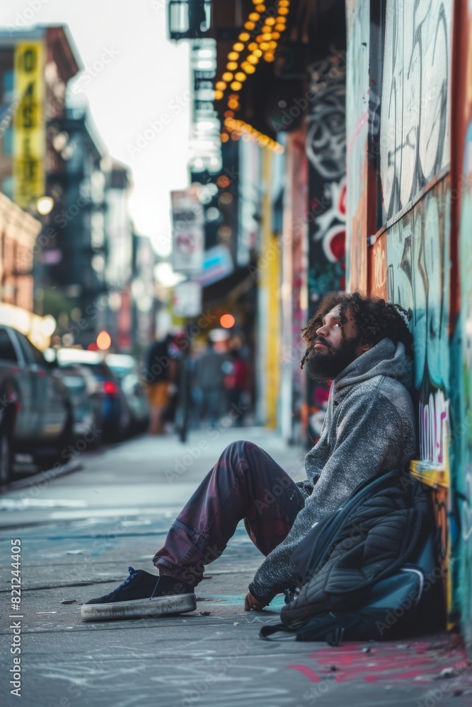 Obraz premium A homeless man sits on a busy urban sidewalk, surrounded by vibrant graffiti, reflecting the stark contrast between bustling city life and personal hardship, realistic urban social problem