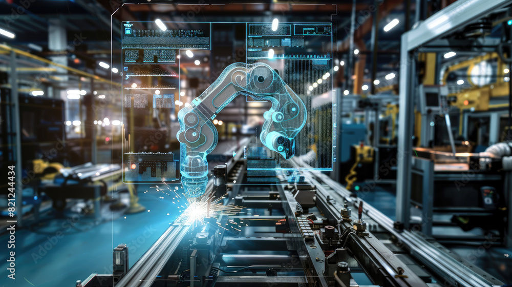 In the manufacturing facility, the AI robotic arm expertly controls the automated welding lathe, while an overlay HUD provides real-time data for optimal performance
