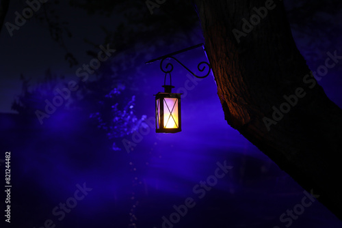 Beautiful colorful illuminated lamp in the garden in misty night. Retro style lantern at night outdoor.