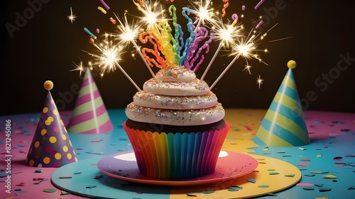 Birthday cupcake with celebration sparkler with blurred light background.