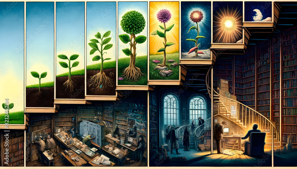 the lifecycle of a book from a seedling to a library. Stock ...
