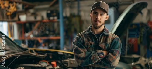 A mechanic stands pensively in an auto repair shop, contemplating a task with a focused expression, highlighting skill and thoughtfulness