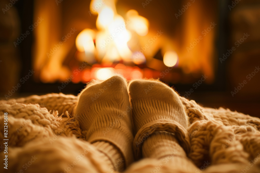 Close-up of cozy feet in wool socks by a warm fire Close-up of cozy feet in wool socks by a warm fire