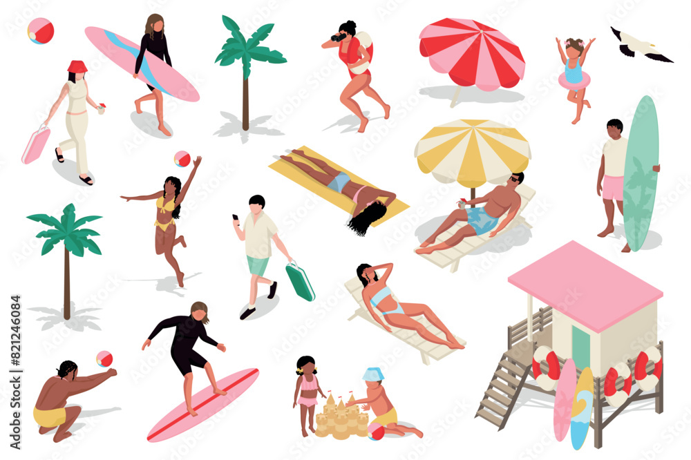 Summer vacation 3d isometric mega set. Collection flat isometry elements of people go on tropical resort, surfing, sunbathing on beach, lifeguard works, kids playing in sea sand. Vector illustration. Summer vacation 3d isometric mega set. Collection flat isometry elements of people go on tropical resort, surfing, sunbathing on beach, lifeguard works, kids playing in sea sand. Vector illustration.