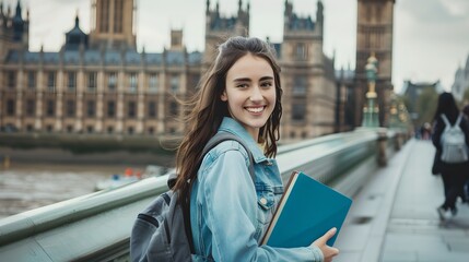 Smiling young woman sightseeing in London with a book, casual style. Tourism and education concept. Captured in daylight. Lifestyle photography. AI