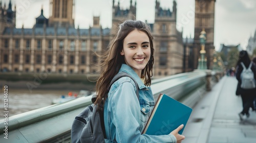 Smiling young woman sightseeing in London with a book, casual style. Tourism and education concept. Captured in daylight. Lifestyle photography. AI