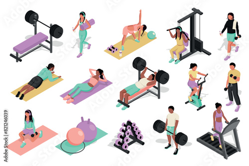 Fitness gym 3d isometric mega set. Collection flat isometry elements of people training at treadmills and cycling, doing yoga and pilates, lifting barbell, exercising dumbbells. Vector illustration.