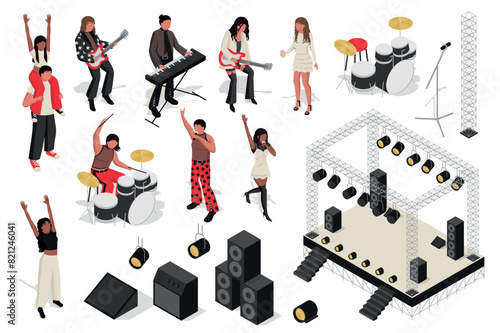 Music concert 3d isometric mega set. Collection flat isometry elements of people at festival, musicians play instruments, singer with microphone at stage, speakers and spotlights. Vector illustration.