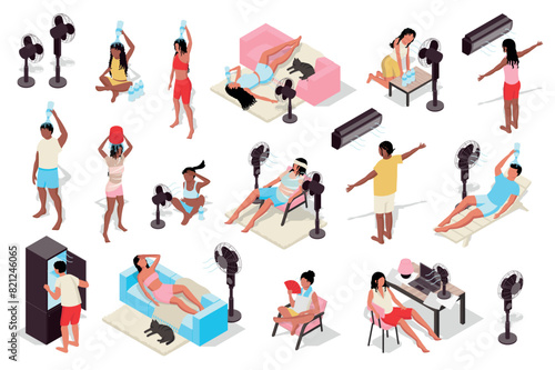Hot weather 3d isometric mega set. Collection flat isometry elements of people sweating and heat suffering, cooling with conditioners, lying under ventilators, pouring cold water. Vector illustration.