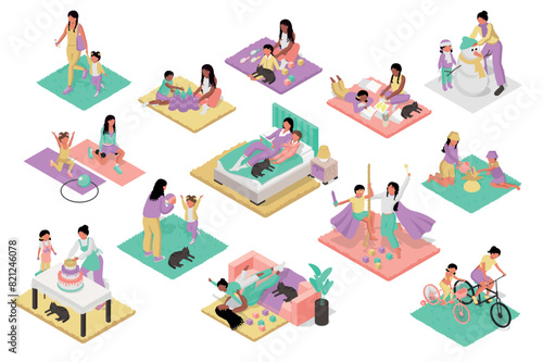 Mothers and kids activity 3d isometric mega set. Collection flat isometry elements of mom with child walking, playing, training, reading, cooking, celebrating, cycling together. Vector illustration.