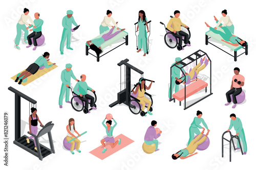 Rehabilitation exercises 3d isometric mega set. Collection flat isometry elements of injury people at recovery center, making physiotherapy procedure, physical trainings, massage. Vector illustration.