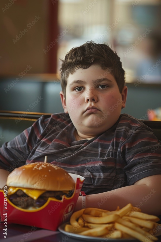 A young boy sits at a fast food restaurant, his weary eyes and the uneaten meal in front of him tell a story of urban child obesity, realistic urban social problem A young boy sits at a fast food restaurant, his weary eyes and the uneaten meal in front of him tell a story of urban child obesity, realistic urban social problem