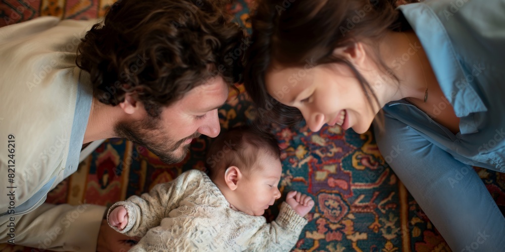 An image showing a family with a baby lying on a patterned carpet, enjoying a moment together An image showing a family with a baby lying on a patterned carpet, enjoying a moment together