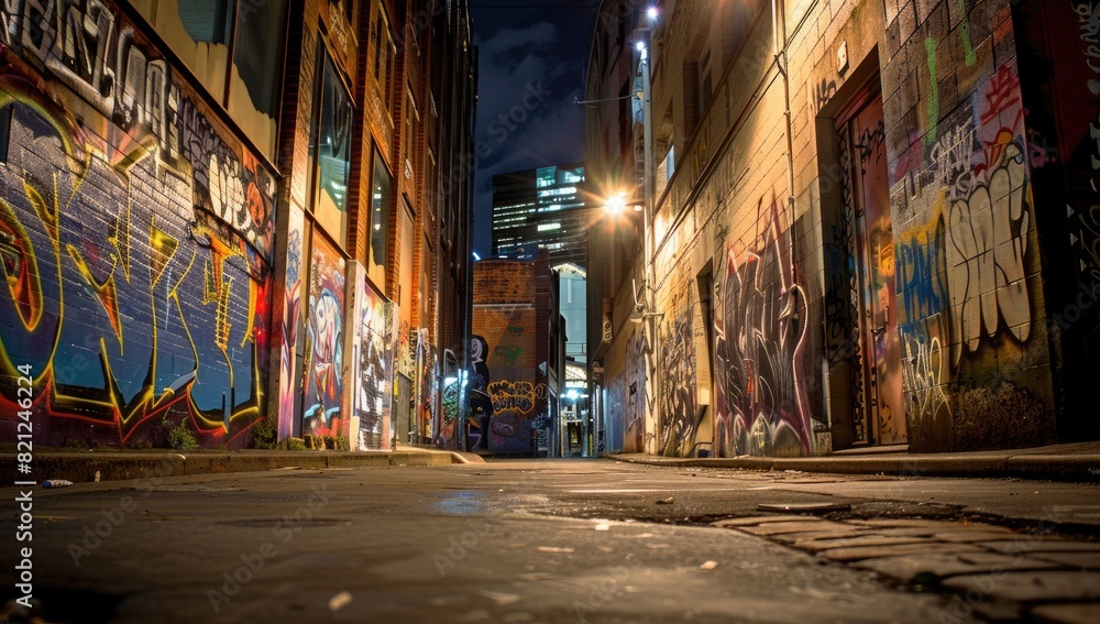 Colorful Graffiti in Urban Alley at Night
