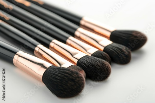 A close up of five makeup brushes, all of which are black and have a gold trim