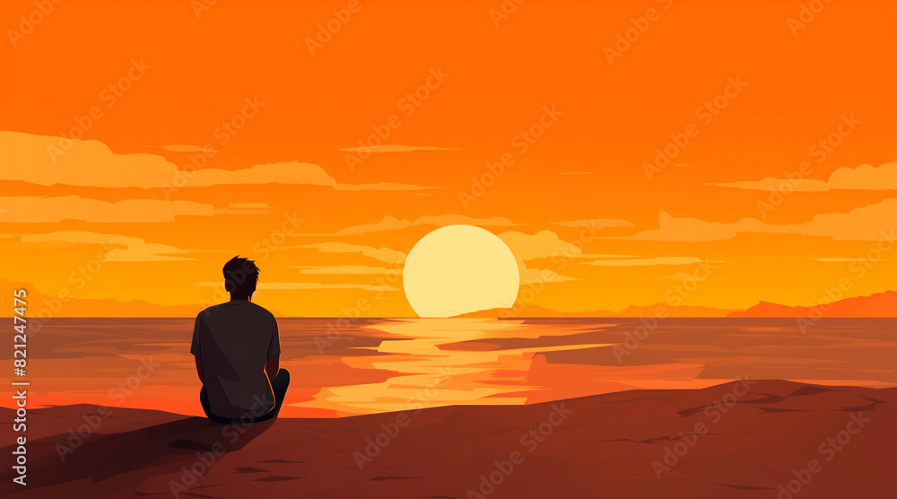 custom made wallpaper toronto digitalsad man sitting on the beach, orange background, a simple flat illustration style, bright colors, simple shapes