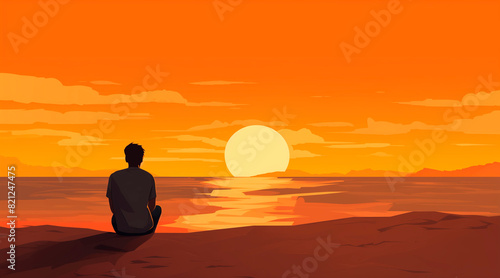 sad man sitting on the beach  orange background  a simple flat illustration style  bright colors  simple shapes